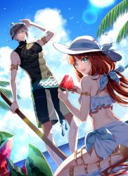 1boy 1girl alhaitham_(genshin_impact) alternate_costume backlighting bare_shoulders beach bikini black_blindfold blindfold blindfold_lift blue_eyes blue_ribbon blue_sky closed_mouth cloud cloudy_sky commentary commentary_request covered_abs dutch_angle english_commentary food fruit genshin_impact gladiator_sandals green_eyes green_shirt green_shorts grey_hair hair_ribbon hat highres holding holding_food holding_fruit holding_watermelon jewelry kashima_yue kneeling lens_flare long_hair looking_at_viewer looking_back mixed-language_commentary nilou_(genshin_impact) ocean open_mouth red_hair ribbon sandals sarong shirt short_hair shorts sky sleeveless sleeveless_shirt smile standing suikawari sun sun_hat swimsuit teeth thighlet turtleneck turtleneck_shirt upper_teeth_only watermelon watermelon_slice white_bikini white_hat white_sarong