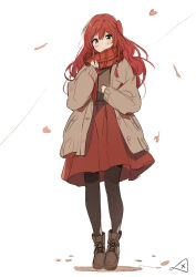 1girl alternate_costume autumn bocchi_the_rock! brown_coat brown_pantyhose brown_shirt brown_shoes closed_mouth coat falling_leaves full_body green_eyes highres kita_ikuyo leaf long_hair long_sleeves looking_at_viewer minusk9 one_side_up open_clothes open_coat pantyhose plaid_clothes plaid_scarf red_hair red_scarf red_skirt scarf shirt shoes simple_background skirt solo white_background