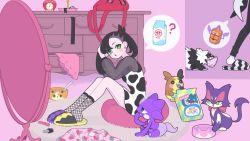 1boy 1girl adjusting_hair alternate_costume animal_print asymmetrical_bangs backpack bag black_hair black_pants blush_stickers bottle bowl box brother_and_sister character_name commentary_request cow_print cushion dress earrings fishnet_legwear fishnets galarian_form galarian_zigzagoon gen_2_pokemon gen_4_pokemon gen_5_pokemon gen_8_pokemon green_eyes hands_up highres indoors jewelry long_hair marnie_(pokemon) milk_bottle moomoo_milk morpeko morpeko_(full) morpeko_(hangry) multicolored_hair nintendo nyaasechan pants pet_bowl piers_(pokemon) pokemon pokemon_(creature) pokemon_swsh purrloin rotom rotom_(frost) siblings sitting slippers socks spoken_character spoken_object teddiursa toxel two-tone_hair unworn_backpack unworn_bag unworn_dress white_hair