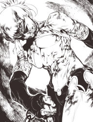 1girl abs angry blank_eyes blood blood_in_hair blood_on_arm blood_on_body blood_on_chest blood_on_face blood_on_hands blood_on_leg blunt_bangs breasts chain clenched_teeth commentary_request elbow_gloves fate/grand_order fate_(series) fingerless_gloves furious gloves greyscale hair_tie highres holding holding_chain large_breasts medium_hair midriff monochrome muscular muscular_female navel no_pupils obliques penthesilea_(fate) ponytail short_ponytail sidelocks solo teeth tutu_ura_ura underboob