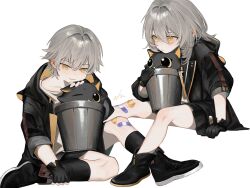1boy 1girl absurdres aged_down animal animal_ears bandaid bandaid_on_knee bandaid_on_leg black_boots black_cat black_coat black_gloves black_shorts black_skirt black_socks boots caelus_(honkai:_star_rail) cat cat_ears child closed_mouth coat collarbone critter_pick_(honkai:_star_rail) dual_persona fingerless_gloves full_body gloves grey_hair hair_between_eyes highres honkai:_star_rail honkai_(series) hood hooded_coat ieririr long_hair long_sleeves looking_at_animal looking_at_another looking_down open_clothes open_coat pleated_skirt shirt short_hair shorts signature simple_background sitting skirt smile socks stelle_(honkai:_star_rail) t-shirt trailblazer_(honkai:_star_rail) trailblazer_(trash_cake)_(honkai:_star_rail) trash_can two-sided_coat two-sided_fabric white_background white_shirt yellow_coat yellow_eyes zipper