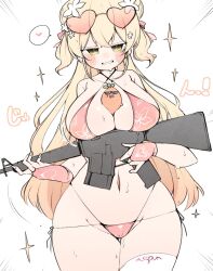 1girl assault_rifle between_breasts bikini blush breasts cleavage commentary_request criss-cross_halter curvy double_bun eyewear_on_head floral_print floral_print_bikini flower frilled_gloves frills gloves green_eyes grin gun hair_bun hair_flower hair_ornament halterneck heart heart-shaped_eyewear highleg highleg_bikini highres holding holding_gun holding_weapon hololive kuma_no_bansoukou large_breasts long_hair looking_at_viewer m16 momosuzu_nene multi-strapped_bikini_bottom narrow_waist navel nekko_(momosuzu_nene) pink_bikini pink_gloves pink_hair print_bikini rifle side-tie_bikini_bottom simple_background sling_bikini_top smile solo sparkle spoken_heart sunglasses sweat swimsuit thick_thighs thighhighs thighs thong_bikini two_side_up very_sweaty virtual_youtuber weapon white_background white_thighhighs wide_hips