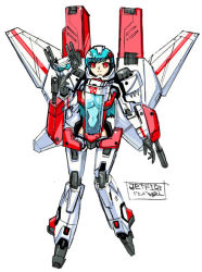 1girl aircraft airplane autobot blue_hair breasts cleavage female_focus gender_request genderswap gun jet jetfire m_ganzy mecha_musume medium_breasts red_eyes robot science_fiction short_hair solo transformers weapon wings