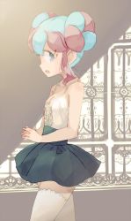 Rule 34 | 1girl, aikatsu!, aikatsu! (series), aikatsu stars!, black skirt, blue hair, breasts, double bun, female focus, hair bun, hanazono kirara, multicolored hair, open mouth, pink hair, profile, shimazaki1152, skirt, small breasts, solo, thighhighs, white thighhighs, zettai ryouiki