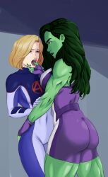 Rule 34 | 2girls, ass, blonde hair, blue eyes, bound, breasts, finger to mouth, forced, gloves, green eyes, green hair, groping, highres, sue storm, jennifer walters, long hair, marvel, multiple girls, muscular, muscular female, open mouth, she-hulk, short hair, skin tight, strong woman, sue storm, thick thighs, thighs, tongue, tongue out, unkownc, yuri