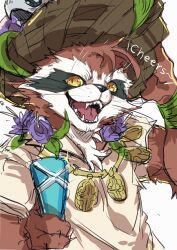 1boy ao_gravity cup english_text fangs furry furry_male guardians_of_the_galaxy hat highres holding holding_cup jewelry looking_at_viewer male_focus marvel marvel_cinematic_universe marvel_rivals necklace open_mouth rocket_raccoon rocket_raccoon_(sunshine_raccoon)_(marvel_rivals) smile straw_hat upper_body whiskers