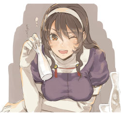 1girl ashigara_(kancolle) ashigara_kai_ni_(kancolle) breasts brown_eyes brown_hair choko_(cup) cosmic_(crownclowncosmic) cup drooling female_focus gloves hair_between_eyes hairband holding kantai_collection long_hair long_sleeves looking_at_viewer medium_breasts mouth_drool one_eye_closed open_mouth smile solo tokkuri translation_request upper_body white_gloves