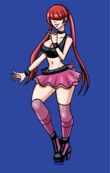 1girl breasts castelanova1 cleavage earrings female_focus heel_up highres jewelry large_breasts latex leather leg_up long_hair pale_skin ponytail red_hair shermie_(kof) shirt skirt smile smiley_face socks standing tank_top the_king_of_fighters thick_lips thighs zeddove