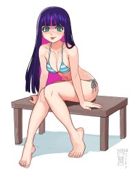 1girl :p absurdres artist_logo artist_name bare_arms bare_legs bare_shoulders barefoot bench bikini black_hair blue_eyes blunt_bangs blush breasts colored_inner_hair commentary feet full_body highres leaning_forward logo long_hair looking_at_viewer medium_breasts multicolored_hair navel nose_blush panty_&amp;_stocking_with_garterbelt pink_hair side-tie_bikini_bottom simple_background sitting smile solo stocking_(psg) string_bikini striped_bikini striped_clothes swimsuit toes tongue tongue_out two-tone_hair very_long_hair watcher_hollow white_background