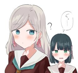 2girls :/ ? aqua_neckerchief black_hair blue_eyes blunt_bangs blunt_ends bob_cut breasts brown_dress ceras_yanagida_lilienfeld closed_mouth commentary_request dress flower flower_knot green_eyes grey_hair hair_flower hair_ornament hair_ribbon hasu_no_sora_school_uniform highres hisho_(rythm_hisho) link!_like!_love_live! long_hair love_live! medium_breasts momose_ginko multiple_girls neckerchief open_mouth parted_bangs pink_ribbon portrait ribbon sailor_collar sailor_dress school_uniform short_hair speech_bubble translation_request v-shaped_eyebrows virtual_youtuber white_flower white_sailor_collar winter_uniform yellow_neckerchief