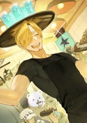1girl 6+boys absurdres apron bepo_(one_piece) black_apron black_shirt blonde_hair book curly_eyebrows drink drinking drooling facial_hair facing_viewer franky_(one_piece) furry furry_male glint goatee hair_over_one_eye hanging_light happy highres holding holding_book indoors long_sideburns looking_at_viewer male_focus mouth_drool multiple_boys mustache_stubble nami_(one_piece) one_piece open_mouth penguin_(one_piece) roronoa_zoro sanji_(one_piece) shachi_(one_piece) sharp_teeth shirt short_hair sideburns solo_focus stubble sunglasses teeth tokoni_fusu trafalgar_law usopp