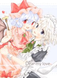 2girls alternate_hairstyle bat_wings blue_hair blush commentary_request izayoi_sakuya maru_usagi multiple_girls pointy_ears red_eyes remilia_scarlet short_sleeves simple_background smile solo touhou white_background wings