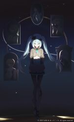 1boy 5girls absurdres aqua_eyes aqua_hair aqua_trim azusawa_kohane batsu_miku black_boots black_pantyhose black_skirt boots commentary_request copyright_notice cupping_hands full_body grey_jacket hair_between_eyes hair_ornament hanasato_minori hatsune_miku high_collar highres holding_orb hoshino_ichika_(project_sekai) jacket korean_commentary kowareta_sekai_to_utaenai_miku long_hair looking_at_object looking_at_viewer miniskirt multiple_girls own_hands_together pantyhose pleated_skirt project_sekai sidelocks skirt sora_(men0105) star_(sky) tenma_tsukasa twintails underlighting upper_body vocaloid wide_sleeves window x_hair_ornament yoisaki_kanade