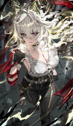 Rule 34 | 1girl, absurdres, black gloves, black horns, black pants, blonde hair, breasts, bright pupils, cleavage, clenched hand, closed mouth, commentary, curled horns, gloves, hair between eyes, hand up, highres, horns, large breasts, long hair, looking at viewer, necktie, necktie around wrists, pants, red eyes, red necktie, revision, school uniform, shirt, shirt tucked in, solo, sonchi, symbol-only commentary, white pupils, white shirt, wuthering waves, zani (wuthering waves)