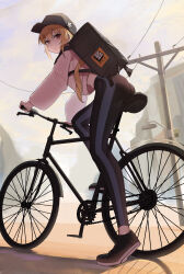 1girl absurdres alternate_costume ass backpack bag baseball_cap bicycle black_bag black_hat black_leggings black_shoes blonde_hair bright_pupils cropped_shirt hat highres koutannkoburia leggings looking_at_viewer luciana_de_montefio midriff outdoors riding riding_bicycle shirt shoes sneakers solo utility_pole white_pupils white_shirt zenless_zone_zero