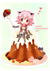 1girl animal_ears armor armored_boots assassin_cross_(ragnarok_online) blush boots breasts brown_gloves brown_leotard brown_thighhighs cake cat_ears cat_girl checkerboard_cookie cherry chibi chibi_only chocolate_strawberry commentary_request cookie deviruchi elbow_gloves food fork fruit full_body gloves happy_valentine heart holding holding_fork leotard medium_breasts meruya_(catcan) open_mouth pauldrons pink_hair ragnarok_online red_eyes red_scarf revealing_clothes scarf short_hair shoulder_armor sitting smile solo thighhighs