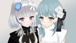 blue_flower colored_inner_hair feathers figaro_(vtuber) flower grey_hair grey_wings hairband leggings lotus low_wings multicolored_hair re:act usuwa_suu virtual_youtuber white_feathers white_hairband white_leggings white_wings wings