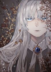 Rule 34 | 1girl, blue brooch, blue eyes, branch, brown background, closed mouth, colored eyelashes, commentary, dikke, dress, expressionless, grey dress, highres, k0konattsu, leaf, light particles, long hair, looking at viewer, plant, reverse:1999, solo, upper body, white hair