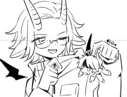 2boys ahoge aotsuki_eito blush dotted_line full_body glasses goat_horns hands_up holding_chibi horns male_focus messy_hair multicolored_hair multiple_boys one_eye_closed simple_background sumino_takumi teeth the_hundred_line_-last_defense_academy- upper_body upper_teeth_only white_background wink