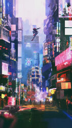 1boy absurdres atmospheric_perspective black_jacket blurry building car cityscape depth_of_field dkaism highres hood hoodie jacket jumping knee_up marvel mask motor_vehicle new_york_city non-web_source outstretched_arms people red_hoodie road scenery sign size_difference spider-man:_into_the_spider-verse spider-man_(miles_morales) spider-man_(series) spider-verse translation_request