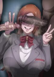 Rule 34 | 1girl, 2boys, bleach, blush, breasts, censored, cheating (relationship), dark-skinned male, dark skin, inoue orihime, iwao178, large breasts, licking, long hair, mosaic censoring, multiple boys, nude, open mouth, orange hair, penis covering eyes, penis grab, school uniform, simple background, source request, tongue, tongue out, v
