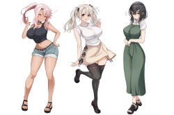 +++ ... 1girl :d ^_^ absurdres adversarial_noise aged_up alternate_breast_size artist_name bare_arms bare_shoulders black_hair black_sandals black_shoes black_tank_top black_thighhighs blonde_hair blue_hair blue_shorts blush breasts chloe_von_einzbern cleavage closed_eyes closed_mouth commentary covered_erect_nipples curvy dark-skinned_female dark_skin dress english_commentary facing_viewer fate/kaleid_liner_prisma_illya fate_(series) flying_sweatdrops full_body gradient_hair green_dress hair_ornament hand_on_own_knee hat high_heels highres horns horns_through_headwear huge_breasts illyasviel_von_einzbern large_breasts leaning_forward long_hair looking_at_viewer mature_female miyu_edelfelt multicolored_hair navel open_mouth orange_eyes paid_reward_available pink_hair red_eyes sandals self-upload shoes shokobr short_shorts shorts simple_background skirt smile solo spoken_ellipsis sports_sandals standing standing_on_one_leg tank_top teeth thighhighs thighs twintails upper_teeth_only very_long_hair wavy_hair white_background white_hair yellow_eyes