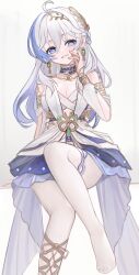 1girl absurdres ahoge ancient_greek_clothes blue_eyes breasts cleavage commentary dress foot_out_of_frame greco-roman_clothes grin hair_between_eyes hair_intakes heart heart-shaped_pupils heart_in_eye highres kanami_(strinova) large_breasts laurel_crown long_hair looking_at_viewer multicolored_hair nagata_gata no_shoes purple_hair simple_background smile solo streaked_hair strinova symbol-shaped_pupils symbol_in_eye teeth thighhighs white_background white_dress white_hair white_thighhighs