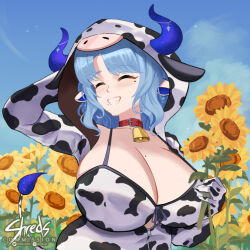1girl animal_ears animal_print arm_behind_head artist_name bell belt belt_collar bikini blue_hair blue_sky breasts cleavage closed_eyes collar commission cow_ears cow_girl cow_print cow_print_bikini cow_tail cowbell dated_commentary flower indie_virtual_youtuber instagram_username large_breasts miilkywayz mole mole_on_breast mole_under_eye mole_under_mouth multiple_moles onesie print_bikini red_belt shreds_(shreds_tweets) sky smile solo sunflower swimsuit tail twitter_username virtual_youtuber zipper zipper_pull_tab