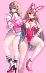 1girl animal_ears bare_shoulders bow bowtie breasts detached_collar dual_persona fake_animal_ears goddess_of_victory:_nikke highres horns large_breasts leotard long_hair pantyhose pink_leotard playboy_bunny rabbit_ears smile solo thighs toriseru_(rare_stone) viper_(nikke) viper_(toxic_rabbit)_(nikke) wrist_cuffs