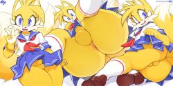 1boy 2025 anus anus_peek artist_name ass blue_eyes blush bulge crossdressing eyelashes fox fox_boy furry furry_male krokobyaka looking_at_viewer multiple_tails open_mouth penis sailor_fuku_bishoujo_zukan school_uniform shoes sitting sitting_on_glass skirt socks solo sonic_(series) tail tails_(sonic) two_tails