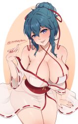 1girl alternate_costume alternate_hairstyle artist_name breasts cleavage collarbone commentary english_commentary female_byleth_(fire_emblem) fire_emblem fire_emblem:_three_houses green_eyes grin hair_between_eyes hair_bun hair_ribbon halterneck hand_up iampatty japanese_clothes kimono large_breasts looking_at_viewer miko nintendo nontraditional_miko off_shoulder red_nails red_ribbon revealing_clothes ribbon see-through_clothes see-through_kimono sideboob sidelocks single_hair_bun skindentation smile solo thighs twitter_username undressing white_kimono