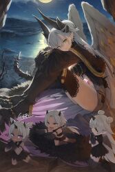 4girls babydoll bare_shoulders black_babydoll black_hands black_panties black_thighhighs body_markings breasts cleavage colored_extremities crossed_bangs demon_girl demon_horns detached_collar earrings fate/grand_order fate_(series) feathered_wings fur_trim green_eyes grey_hair hair_between_eyes highres horns jewelry kamo_ashi lace_trim large_breasts lilin_(fate) lilith_(fate) lilith_(third_ascension)_(fate) long_hair long_sleeves looking_at_viewer multiple_girls navel night night_sky panties pointy_ears puffy_long_sleeves puffy_sleeves skeletal_tail sky stomach_tattoo tattoo thighhighs underwear very_long_hair wings