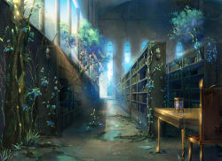 book bookshelf chair gahakuna_kuroneko library no_humans original overgrown ruins scenery table tree water window