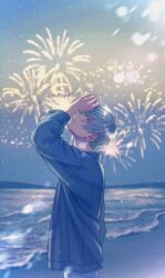 1boy absurdres aerial_fireworks beach blue_jacket blurry blurry_background commentary_request cowboy_shot denim earrings fireworks from_side gradient_sky hand_on_own_forehead hand_up highres jacket jeans jewelry light_particles looking_at_viewer male_focus mountainous_horizon moxamog ocean original pants parted_lips red_eyes short_hair sky solo standing stud_earrings waves white_hair