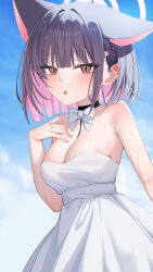 1girl absurdres alternate_costume animal_ears bare_arms bare_shoulders black_hair blue_archive blunt_ends blush bow bowtie breasts cat_ears cat_girl cleavage colored_inner_animal_ears colored_inner_hair dress extra_ears highres kazusa_(blue_archive) large_breasts looking_at_viewer multicolored_hair open_mouth pink_eyes pink_hair short_hair sleeveless sleeveless_dress solo strapless strapless_dress sweat two-tone_hair wendao white_bow white_bowtie white_dress