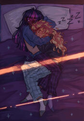 2girls bed black_skin closed_eyes closed_mouth colored_skin depresed-duck glasses highres hug long_hair multicolored_hair multiple_girls my_little_pony my_little_pony:_equestria_girls my_little_pony:_friendship_is_magic on_bed pajamas pillow purple_eyes purple_hair red_hair sci-twi sleeping socks sunset_shimmer twilight_sparkle yuri