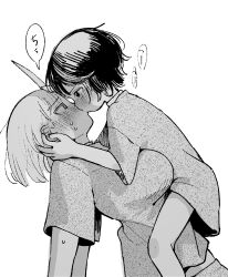 2girls age_difference blush bob_cut breasts couple eye_contact greyscale highres horns kiss large_breasts looking_at_another monochrome multiple_girls onee-loli original short_hair single_horn takeno_(takenoo2) yuri