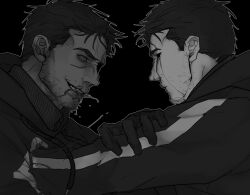 2boys afraid_of_monsters bags_under_eyes black_background black_gloves black_hair black_hoodie blood blood_from_forehead blood_on_clothes blood_on_mouth constricted_pupils coughing crazy_grin david_leatherhoff dual_persona empty_eyes facial_hair from_side gloves goatee_stubble greyscale grin hand_on_another&#039;s_arm hole_in_chest hole_on_body hood hood_down hoodie impaled ju-san looking_at_another messy_hair monochrome multiple_boys punching saliva scar scar_on_face short_hair smile stubble the_addiction_(afraid_of_monsters) turtleneck upper_body veins