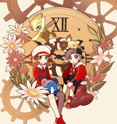 1boy 1girl :o animal_ears backwards_hat baseball_cap black_hat black_pants blue_eyes blue_overalls blush bow brown_eyes brown_hat newsboy_cap celebi clock closed_mouth ethan_(pokemon) flower gears gen_2_pokemon grey_eyes grey_hair hat hat_bow highres holding holding_pokemon hugging_own_legs jacket knees_up legendary_pokemon looking_at_viewer lyra_(pokemon) marill medium_hair mikakami1e mythical_pokemon nintendo on_head open_mouth overalls own_hands_together pants pichu pokemon pokemon_(creature) pokemon_hgss pokemon_on_head red_bow red_flower red_footwear red_jacket red_ribbon red_shirt ribbon shirt shoes short_hair smile thighhighs twintails white_flower white_hat white_thighhighs wings zipper_pull_tab