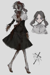 1girl absurdres barefoot black_dress bleeding blood blood_on_clothes blood_on_face blood_on_feet blood_on_hands blood_on_leg brain capelet colored_sclera colored_skin cropped_torso cross cross_necklace dress exposed_brain full_body grey_background grey_capelet grey_eyes grey_hair grey_skin guro highres intestines jewelry jiz_(pffbq) latin_cross long_sleeves looking_at_viewer low_twintails medium_hair multiple_views muted_color necklace open_mouth original purple_eyes red_eyes red_sclera simple_background standing twintails veins zombie