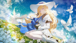 1girl absurdres bird black_gloves blonde_hair chinese_commentary chiyo_akira commentary_request dress flower full_body gloves hat highres holding long_hair looking_at_viewer outdoors pantyhose phoebe_(wuthering_waves) purple_eyes sitting sky solo sun_hat white_dress white_hat white_pantyhose wuthering_waves yokozuwari