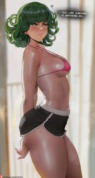 1girl ass black_shorts blush bra breasts commentary curly_hair flipped_hair from_side green_eyes green_hair highres looking_up one-punch_man oroborus petite pink_bra short_hair shorts small_breasts solo tatsumaki thick_thighs thighs underwear