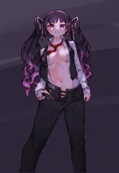 1girl absurdres baggy_pants black_hair blazer bow breasts chest_tattoo hair_ornament hair_ribbon heart heart_tattoo highres himemiya_rie jacket long_hair looking_at_viewer ma_draws medium_breasts mole mole_under_eye multicolored_hair navel necktie open_clothes pants phase_connect pink_eyes pink_hair ribbon shirt smile solo streaked_hair tattoo twintails virtual_youtuber white_shirt