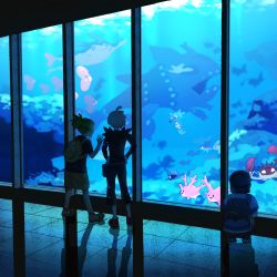 3boys :3 aquarium backlighting backpack bad_id bad_pixiv_id bag baseball_cap capri_pants clamperl corsola creatures_(company) elio_(pokemon) finneon fish game_freak gen_1_pokemon gen_2_pokemon gen_3_pokemon gen_4_pokemon gen_7_pokemon gladion_(pokemon) hands_on_own_hips hat hau_(pokemon) horsea indoors luvdisc male_focus mantine multiple_boys nintendo octillery octopus pants pokemon pokemon_(creature) pokemon_sm red_eyes reflection shellder shirt shoes shorts slice_of_life sneakers squatting striped_clothes striped_shirt topknot wadani_hitonori water wishiwashi wishiwashi_(school)