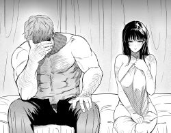 1boy 1girl abs absurdres arm_hair beard bed bed_sheet breasts chest_hair commentary_request curtains degrees_of_lewdity doren_(degrees_of_lewdity) doren_(male)_(degrees_of_lewdity) dy0urre1n facepalm facial_hair greyscale highres korean_commentary large_breasts male_underwear monochrome muscular muscular_male naked_sheet open_fly pants player_character_(degrees_of_lewdity) player_character_(female)_(degrees_of_lewdity) sitting topless_male underwear yuri_(dy0urre1n)
