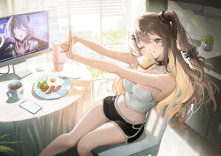 1girl absurdres bacon banana banana_slice bare_legs black_shorts blush bread bread_slice breasts brown_eyes brown_hair brown_scrunchie butter cabin camisole cellphone chair coffee coffee_mug commentary commentary_request crop_top cup day diamond-shaped_pupils diamond_(shape) dolphin_shorts double-parted_bangs egg english_commentary feet_out_of_frame floating_hair food food_in_mouth fork fruit girls&#039;_frontline girls&#039;_frontline_2:_exilium hair_ornament hair_scrunchie hair_tubes hairclip haruri highres indoors k2_(girls&#039;_frontline) large_breasts long_hair looking_at_viewer midriff mixed-language_commentary monitor mug navel on_chair one_eye_closed one_side_up outstretched_arms parallel_hairclips phone plant plate potted_plant scrunchie short_shorts shorts sidelocks single_hair_tube sink sitting smartphone solo steaming_cup sunlight symbol-shaped_pupils table tablecloth thermos toast tomato very_long_hair white_camisole window wooden_chair yoohee_(girls&#039;_frontline_2)