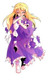 1girl alphes_(style) bare_arms blonde_hair bow closed_eyes commentary_request dairi defeat dress frilled_dress frills full_body hair_between_eyes hat hat_bow holding holding_unworn_clothes holding_unworn_hat kirisame_marisa kirisame_marisa_(pc-98) large_variant_set long_hair open_mouth parody purple_dress purple_hat short_sleeves socks solo standing style_parody sweatdrop tachi-e torn_clothes torn_dress touhou touhou_(pc-98) transparent_background unworn_hat unworn_headwear variant_set white_socks witch_hat