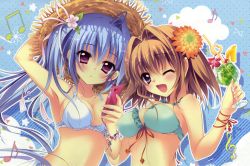 Rule 34 | 2girls, ;d, absurdres, album cover, bikini, blue bikini, blue hair, breasts, brown hair, cellphone, cleavage, cover, flower, hair flower, hair intakes, hair ornament, hat, highres, huge filesize, ichinose mio (koi ga saku koro sakura doki), innertube, izumi tsubasu, koi ga saku koro sakura doki, multiple girls, musical note, one eye closed, open mouth, phone, purple eyes, single hair intake, smile, straw hat, swim ring, swimsuit, tsukishima yuuri, white bikini
