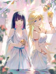 2girls ahoge apple arm_strap artist_name bare_shoulders blonde_hair blue_eyes branch breasts closed_mouth clothing_cutout colored_inner_hair commentary cowboy_shot crop_top dress english_commentary food fruit golden_apple green_eyes hair_between_eyes halo heart holding holding_food holding_fruit light_smile long_hair medium_breasts mikavvvi multicolored_hair multiple_girls panty_&amp;_stocking_with_garterbelt panty_(psg) pink_hair purple_hair shirt shoulder_cutout skirt standing stocking_(psg) traditional_halo very_long_hair wading water white_dress white_shirt white_skirt yellow_halo