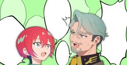 1boy 1girl :d ^^^ amate_yuzuriha beard black_shirt blank_speech_bubble challia_bull choco_(chocovix112) collared_shirt commentary_request facial_hair forehead green_background grey_eyes grey_hair gundam gundam_gquuuuuux highres mustache open_mouth parted_bangs portrait red_hair shirt short_hair simple_background small_sweatdrop smile speech_bubble sweat thick_eyebrows